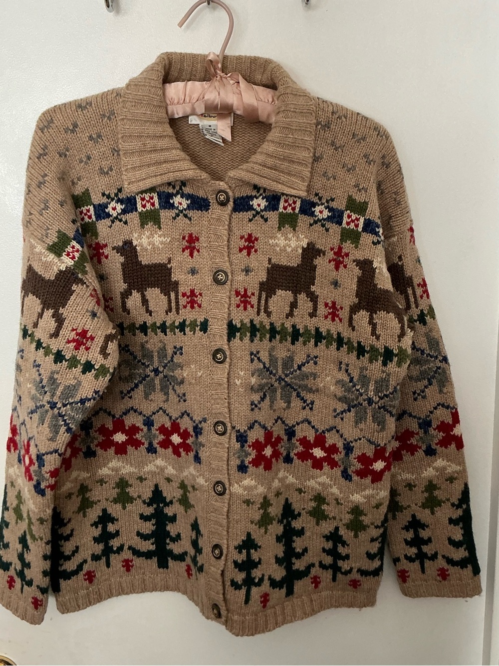 VTG Talbots Wool Nordic Cardigan Holiday Winter Sweater SZ Med Reindeer Motif